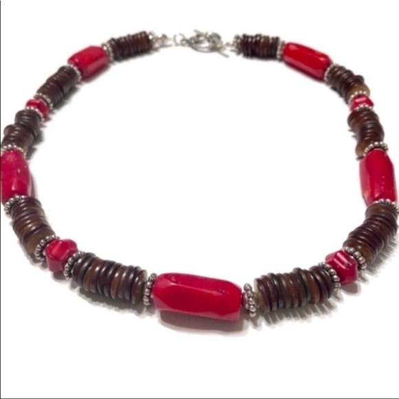 Coral Bamboo and Brown Shell Necklace Handmade Set - Picture 2 of 7